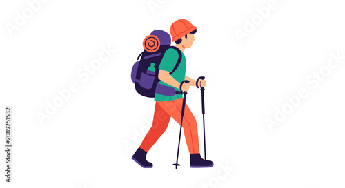 Backpacker hiker walking with trekking poles and large pack