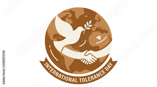 Earth dove and shaking hands tolerance day emblem.