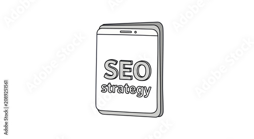SEO Strategy Text on Digital Tablet Screen Line Art