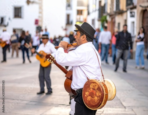 Traditional Spanish musicians performing folk music in a street festival.