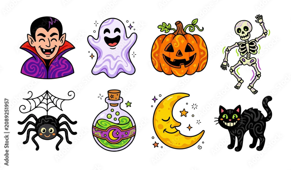 Naklejka premium Cute Groovy Halloween Character Pack in Vintage 90s Cartoon Style Vector Illustration