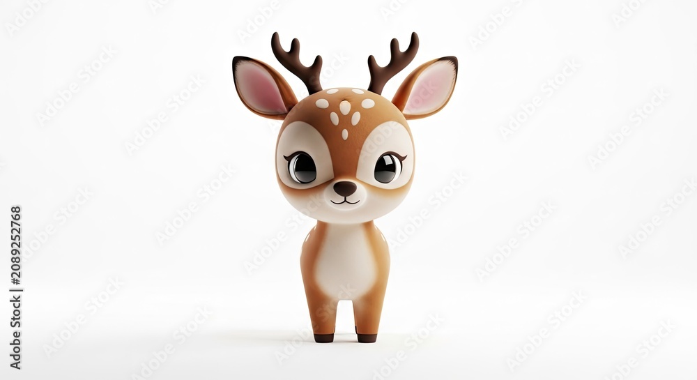 Obraz premium Charming cartoon deer standing alone with big eyes on white background