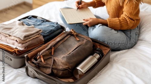 Person packing suitcase and writing list on bed indoors before travel
