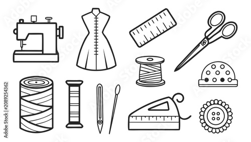 Фотография Sewing tools and supplies for dressmaking with sewing machine, supplies