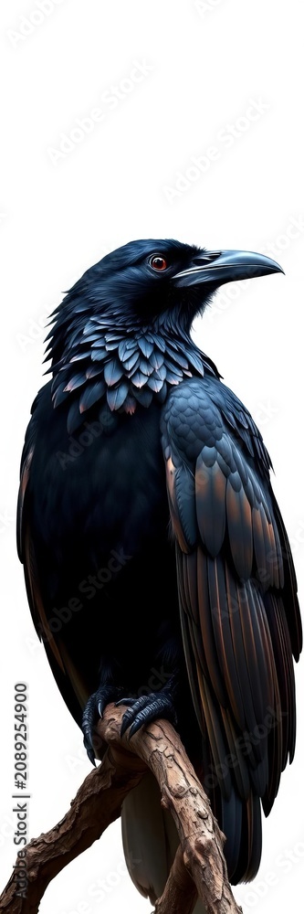 Obraz premium A majestic raven perched on a white background, its feathers painted with vibrant colors, nature, background