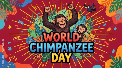 Colorful Celebration Design Featuring Happy Chimpanzees In Tropical Forest Setting For Global Wildlife Awareness Occasion