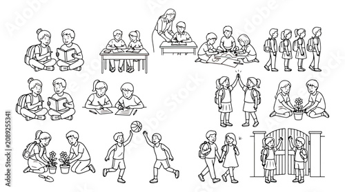 Bild auf Leinwand School children line art collection, primary students learning and playing, educ