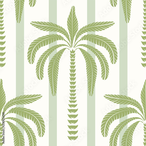 Elegant seamless tropical palm tree pattern with soft green vertical stripes. Perfect for fabric, wallpaper, wrapping paper, home decor, and summer textiles.