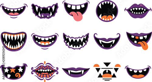 Obraz na płótnie Halloween color vector icon set of monster mouths and teeth