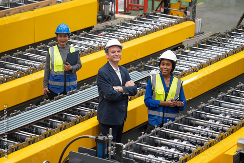 Foto Factory engineers and technicians inspecting automated conveyor line in manufact