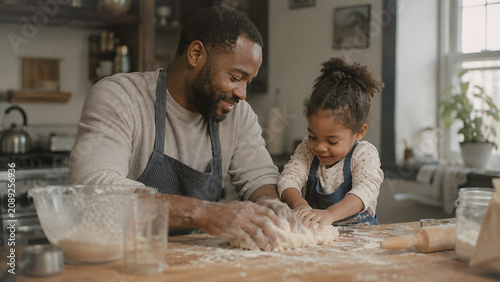 A father and daughter joyfully knead dough together in a sun-drenched kitchen, creating a heartwarming scene of family bonding and shared activity.