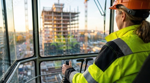 Female crane operator in cab looking at construction site, professional woman in hard hat and high visibility vest controlling heavy machinery for urban development project