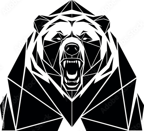 Tableau sur toile Low poly geometric bear head vector illustration shows a roaring wild animal with bold black polygon shapes, sharp angular details, and a powerful modern wildlife design