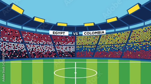 Картината върху платно Vibrant soccer stadium scene with packed stands and green field during match eve