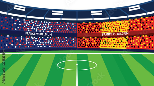 Fotografía Soccer stadium illustration with packed stands and green field viewed from above