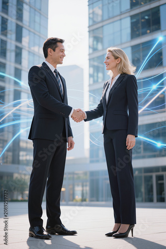 Business handshake symbolizes partnership, trust, agreement, cooperation, success, and professional corporate collaboration between companies today.