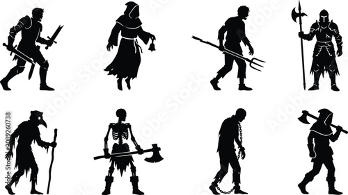 Halloween Horror Character Silhouettes Collection with Zombie Skeleton Plague Doctor Executioner Knight and Medieval Monster Vector Set