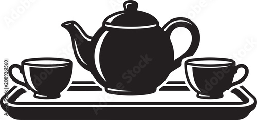 Tea Set with Teapot and Cups on Tray Vector Illustration