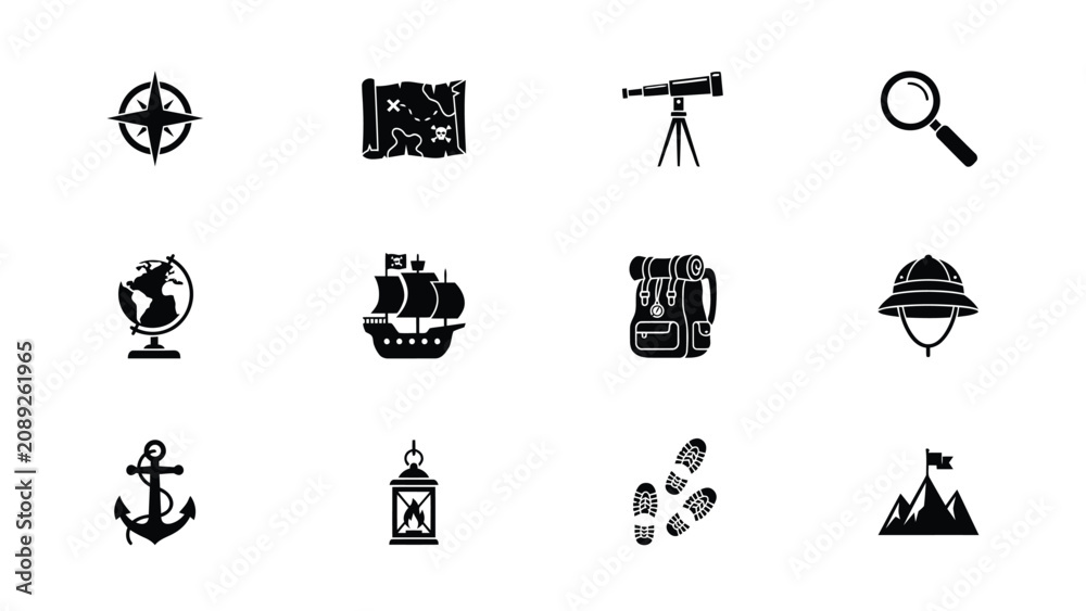 Fototapeta premium Exploration themed black flat icons set with all set against clean white background bold showcases collection twelve high contrast minimalist style uniform perspective