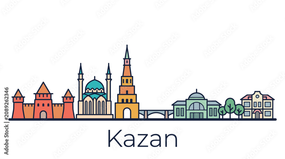 Fototapeta premium Kazan skyline landmarks minimalist flat vector illustration