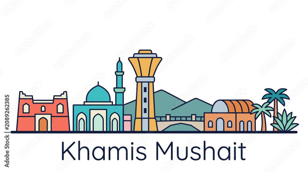 Fototapeta premium Khamis Mushait skyline with landmark architecture landmarks vector illustration