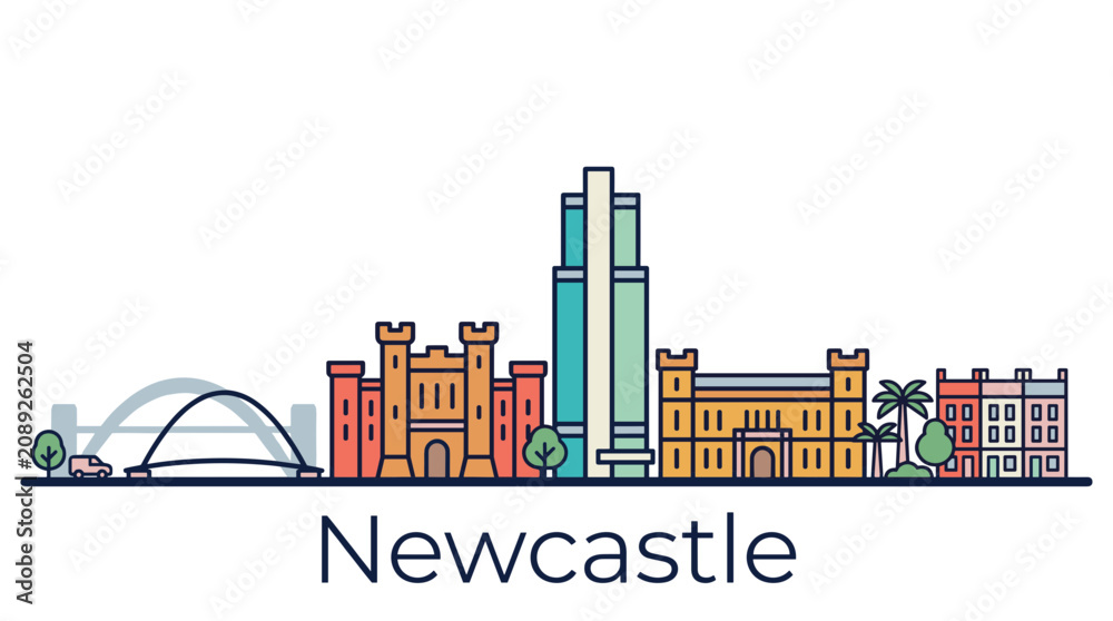 Obraz premium Newcastle skyline landmarks minimalist color line art vector illustration
