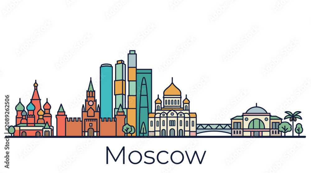 Obraz premium Moscow skyline landmarks vector illustration with Saint Basil Cathedral and Kremlin