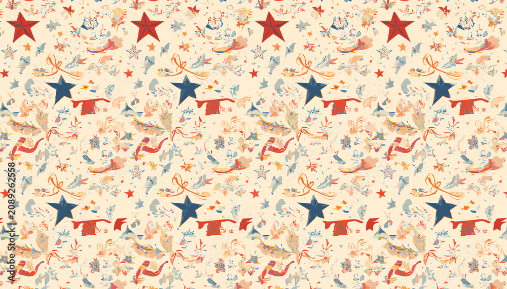 Fototapeta premium Seamless pattern with festive winter elements including red and blue stars, snowmen, reindeer, and hats on a light background.