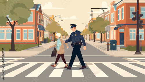 Tableau sur toile A police officer in uniform assists an elderly woman safely crossing a busy street at a pedestrian crosswalk in a town with buildings and trees