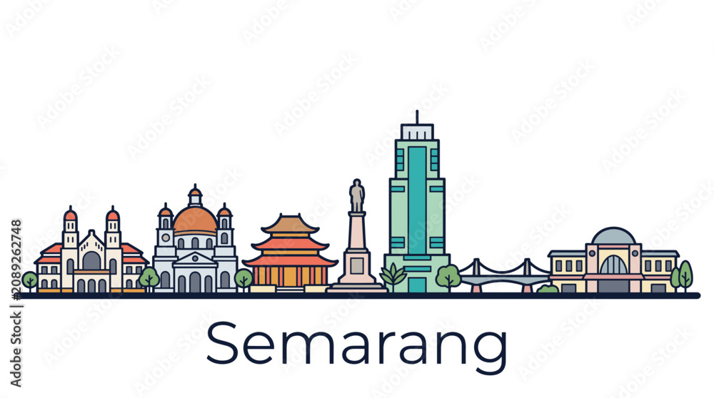 Naklejka premium Semarang skyline landmarks minimalist vector illustration
