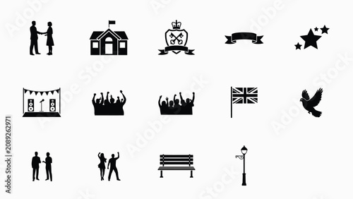 Black and white vector icons set featuring social gatherings symbols with all rendered sleek black silhouettes against clean white background
