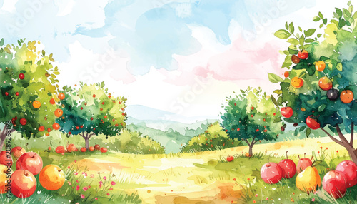 Fruit garden landscape. Hand drawn watercolor