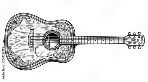 Foto Vintage Acoustic Guitar Illustration - Folk Music Instrument