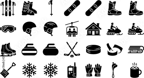 Fotografie Winter sports and outdoor recreational activities glyph icon collection with sno