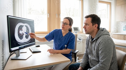Doctor Explaining Lung Ct Scan Results to Male Patient in a Modern Clinic Setting