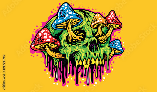 Принти на полотні Trippy Psychedelic Skull Vector Illustration Featuring Melting Green Head and Colorful Polka Dot Mushrooms