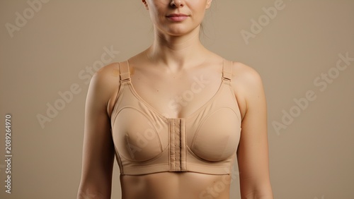 Woman modeling a nude bra in a studio setting for a clothing brand photo shoot, Mammoplasty, plastic surgery, mastopexy