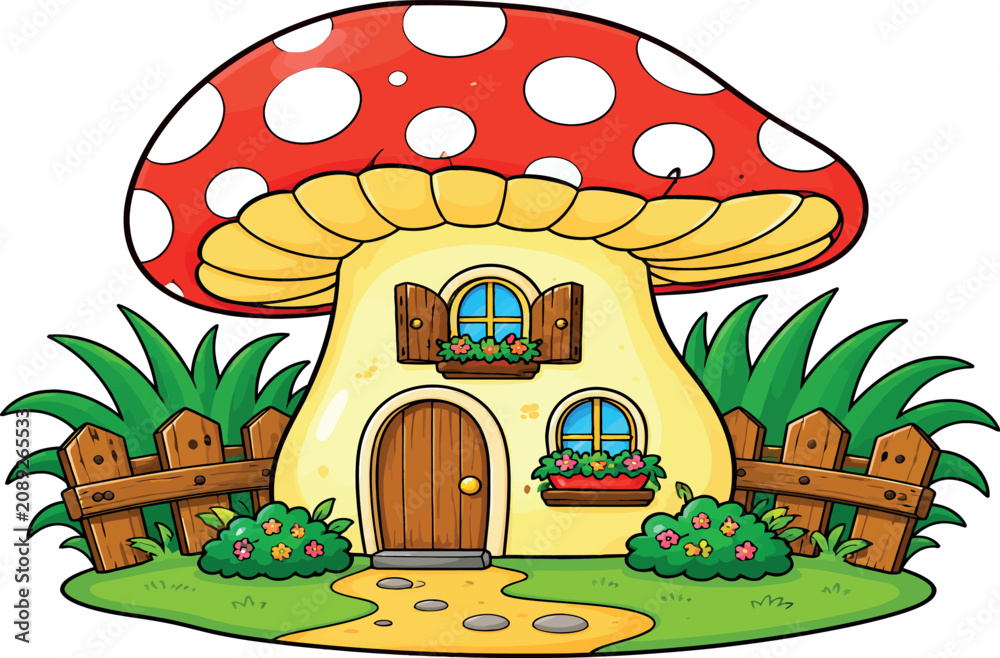 Fototapeta premium Colorful Cartoon Amanita Muscaria Mushroom House with Windows, Door, Garden, and Fence Isolated on White Background, Enchanted Forest Dwelling Vector Art Illustration for Children.