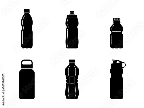 Diverse Collection of Hydration and Beverage Bottles Silhouettes, Featuring Various Shapes and Designs for Sport, Travel, and Daily Use, Isolated on a Clean Background for Graphic Design Resources