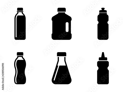 Set of black bottle icons vector silhouette including plastic water bottle, gallon jug, sports flask, beaker, and squeeze dispenser