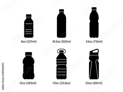 Silhouetted set of six plastic water bottle icons with capacity labels for beverage packaging design