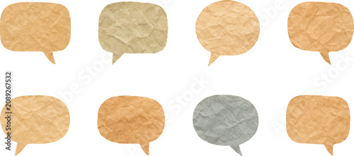 Crumpled paper speech bubble collection with recycled texture for message chat and communication design
