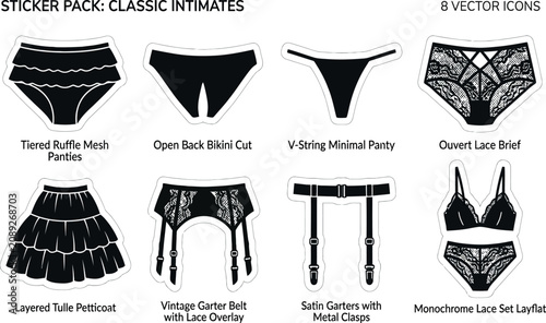 Canvastavla Vector Sticker Pack of Classic Intimates Lingerie Icons: Ruffle Mesh Panties, Open Back Bikini, Lace Briefs, Garter Belt, Tulle Petticoat, and Sexy Monochrome Lace Underwear Set Illustrations