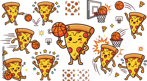 Cute Pizza Basketball Cartoon Vector Collection with Kawaii Food Character Playing Sports Dribbling Shooting Hoops and Fun Sticker Illustrations