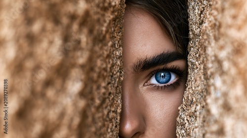 Prompt: A powerful editorial-grade conceptual photograph capturing a woman's eyes peering through a narrow 2-inch vertical gap between two textured sandstone monoliths. Shot on a 135mm telephoto 