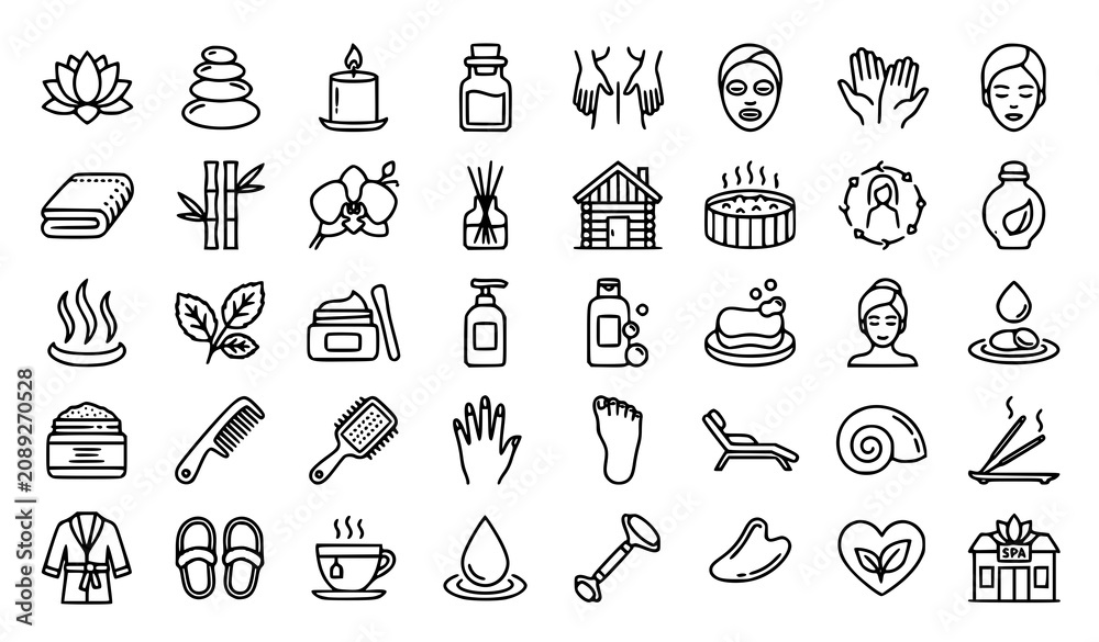 Fototapeta premium Spa Thin Line Vector Icon Set with Wellness Beauty and Relaxation Symbols Editable Stroke