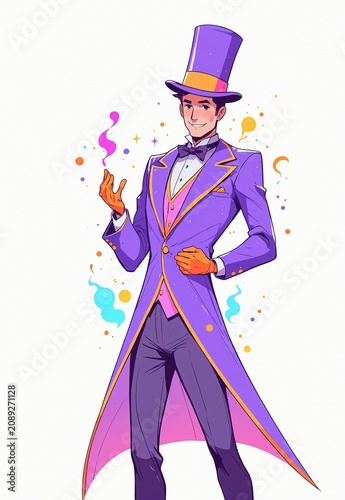 Male magician wearing a top hat in neon purple and orange colors in the field simple flat illustration as clip art on white background