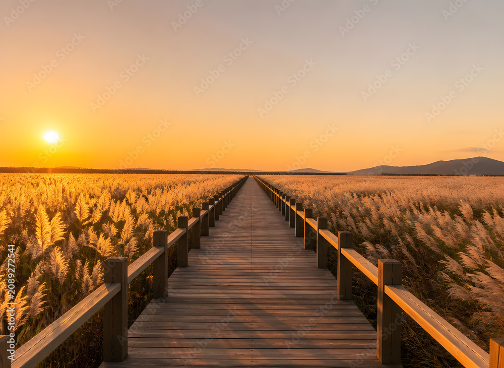 Obraz premium Minimalist autumn landscape of straight wooden boardwalk through glowing silver grass field at sunrise
