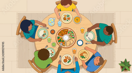 People from diverse backgrounds share a meal promoting equity and inclusion