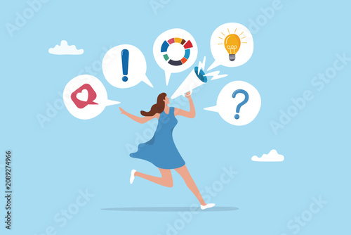 Megaphone communication, loudspeaker announcement or promotion advertising, attention voice to answer question, present business idea, businesswoman shout on megaphone loudspeaker communication.